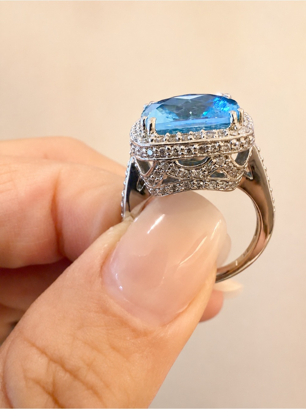 EFFY 14K White Gold Blue Topaz & Diamond Halo Statement Ring